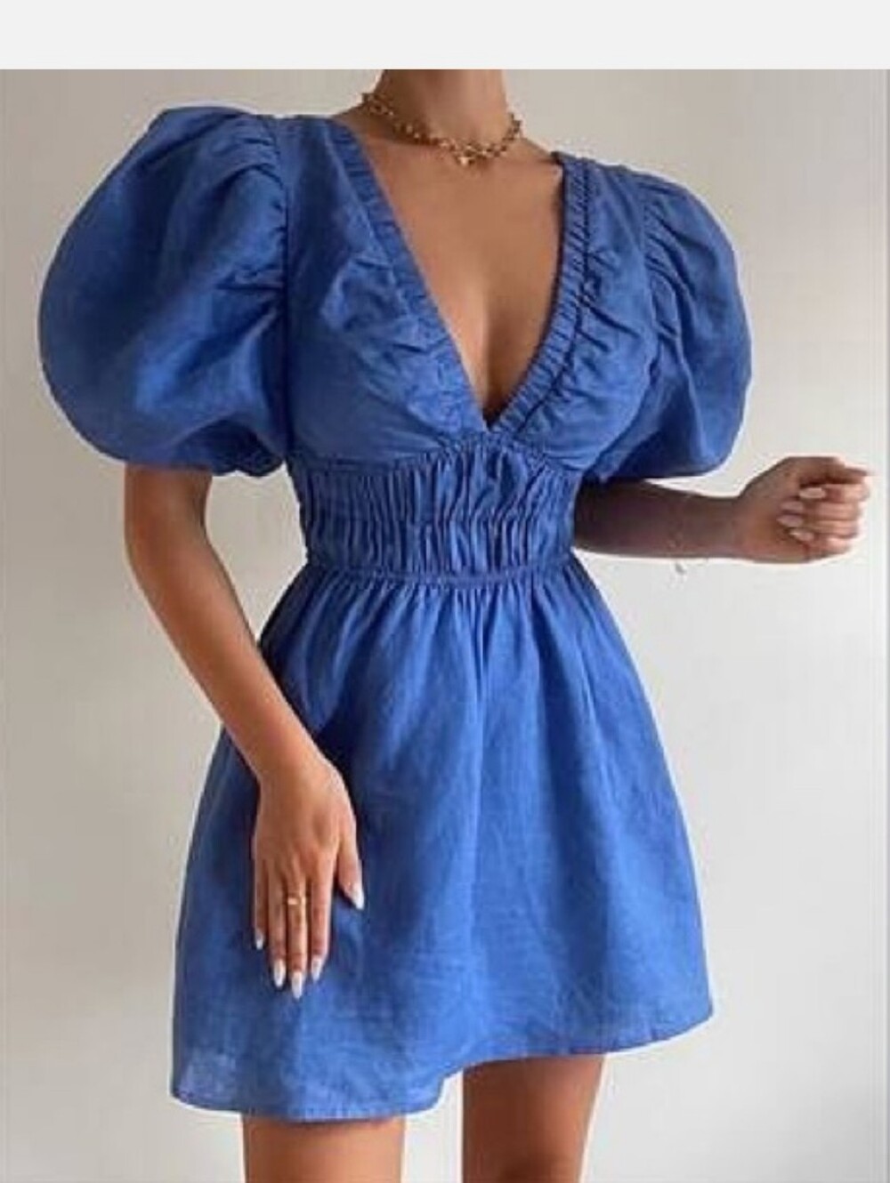 Amalie The Label Khalia Linen Plunge Puff Sleeve Mini Dress, Blue Size 0
